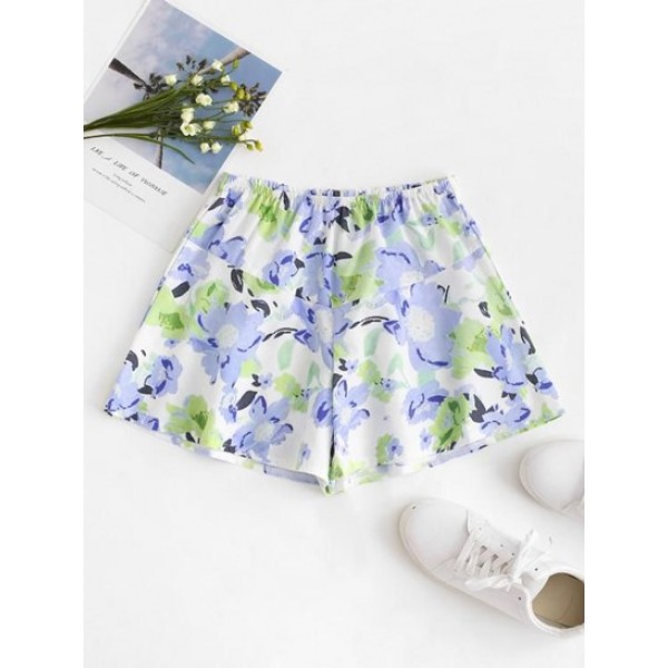 Watercolor Flower Print Pull On Shorts...