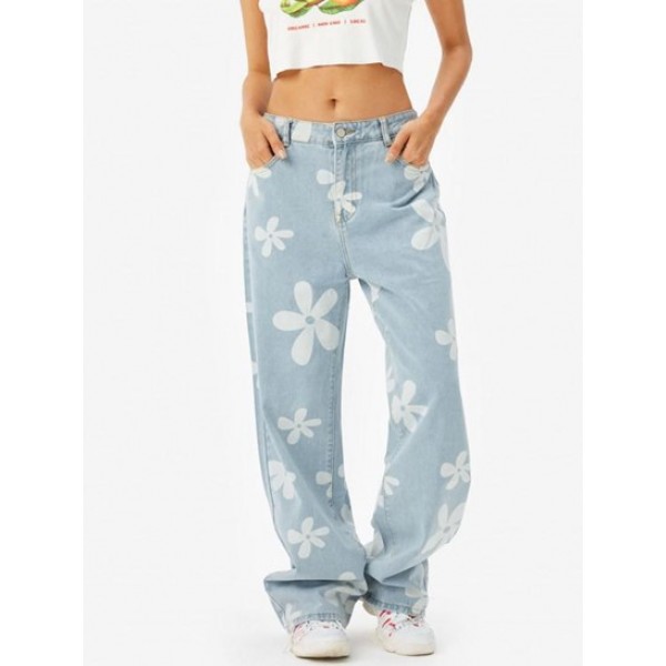 Flower Print High Waisted Baggy Jeans