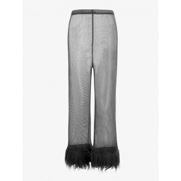 Metallic Fishnet Furry Hem Capri Wide Leg Pants