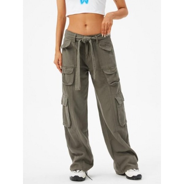 Flap Pockets Belted Cargo Wide Leg Pants